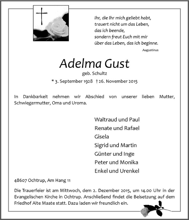  Traueranzeige für Adelma Gust vom 30.11.2015 aus Westfälische Nachrichten