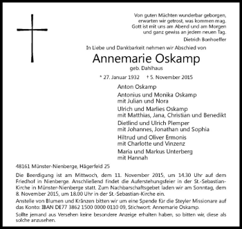 Anzeige von Annemarie Oskamp von Westfälische Nachrichten