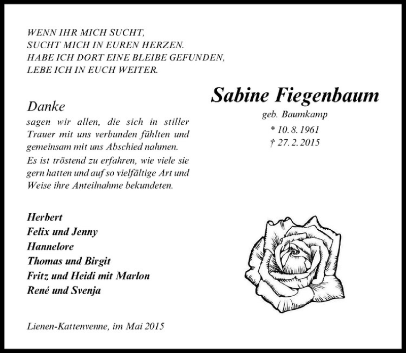  Traueranzeige für Sabine Fiegenbaum vom 02.05.2015 aus Westfälische Nachrichten