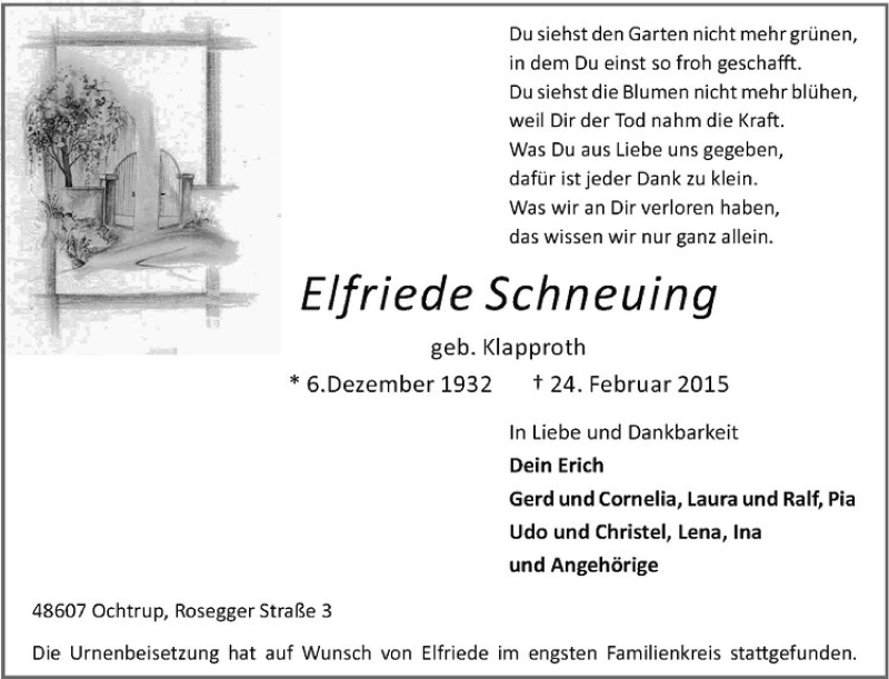  Traueranzeige für Elfriede Schneuing vom 07.03.2015 aus Westfälische Nachrichten