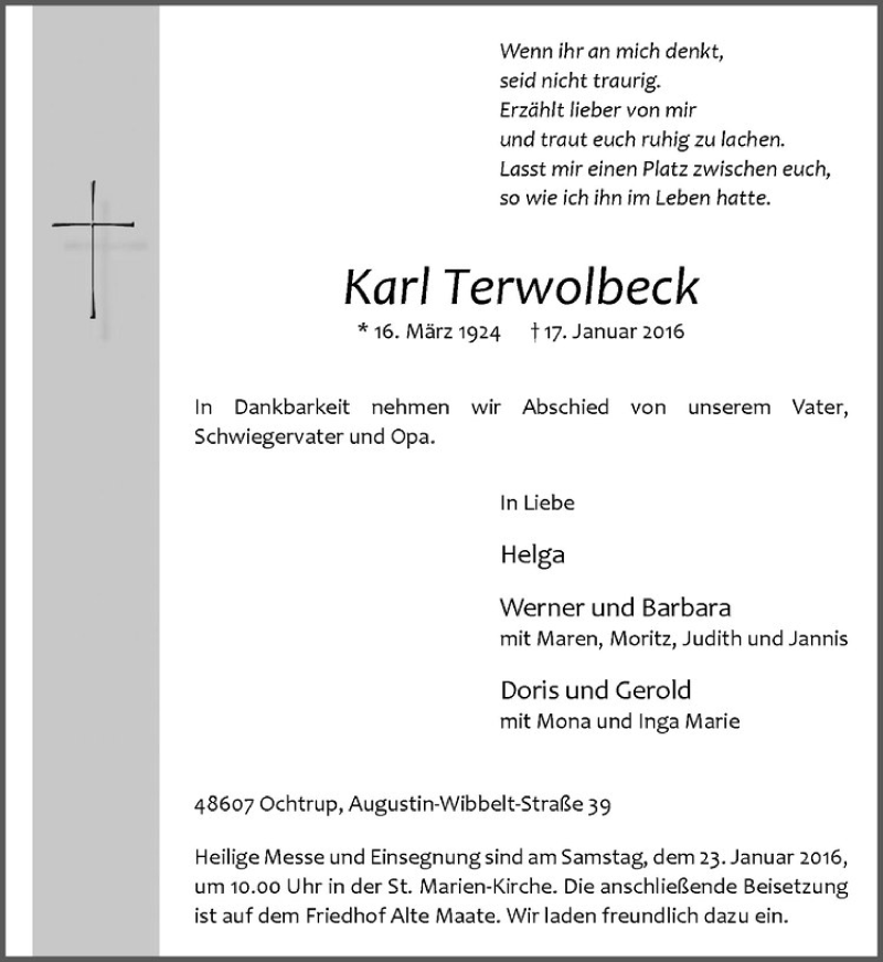  Traueranzeige für Karl Terwolbeck vom 20.01.2016 aus Westfälische Nachrichten