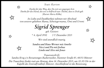 Anzeige von Sigrid Sprenger von Westfälische Nachrichten