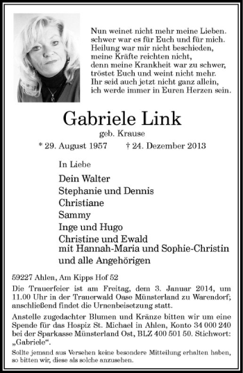 Anzeige von Gabriele Link von Westfälische Nachrichten