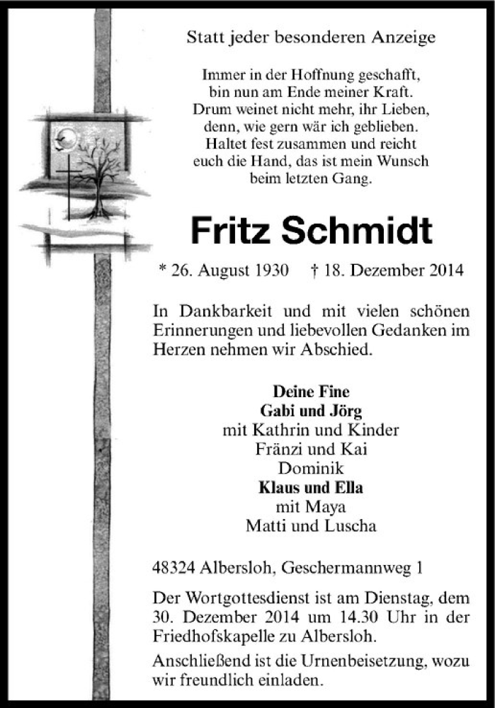  Traueranzeige für Fritz Schmidt vom 27.12.2014 aus Westfälische Nachrichten