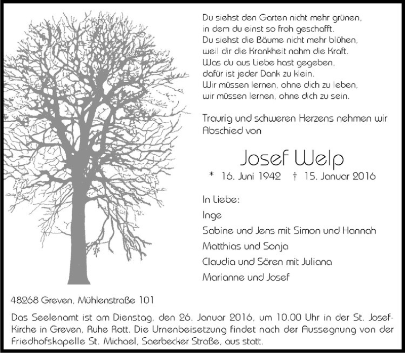  Traueranzeige für Josef Welp vom 20.01.2016 aus Westfälische Nachrichten