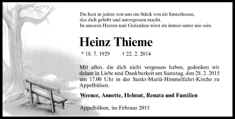  Traueranzeige für Heinz Thieme vom 21.02.2015 aus Westfälische Nachrichten