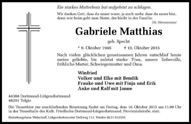  Traueranzeige für Gabriele Matthias vom 12.10.2015 aus Westfälische Nachrichten