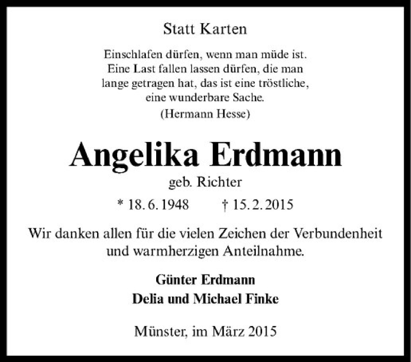  Traueranzeige für Angelika Erdmann vom 07.03.2015 aus Westfälische Nachrichten