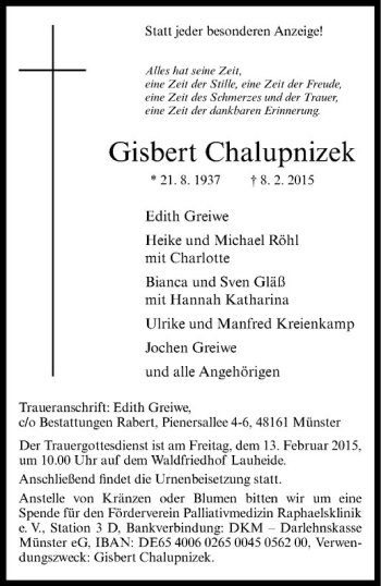 Anzeige von Gisbert Chalupnizek von Westfälische Nachrichten
