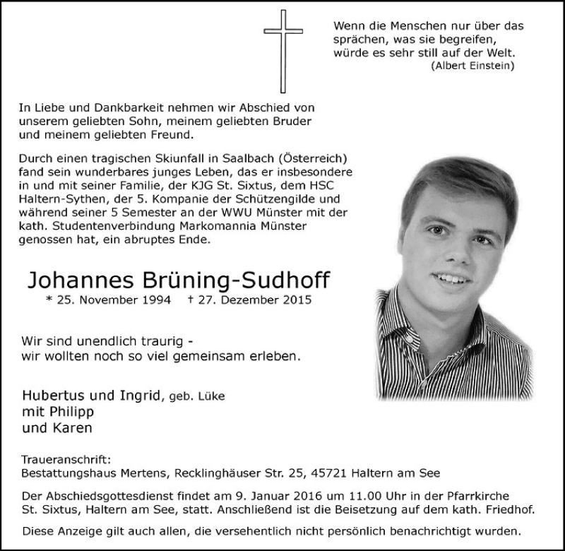  Traueranzeige für Johannes Brüning-Sudhoff vom 04.01.2016 aus Westfälische Nachrichten