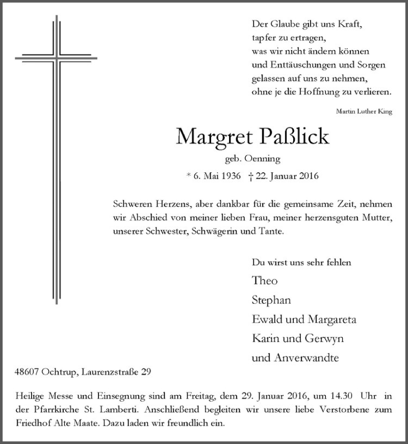  Traueranzeige für Margret Paßlick vom 25.01.2016 aus Westfälische Nachrichten