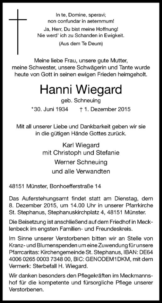  Traueranzeige für Hanni Wiegard vom 05.12.2015 aus Westfälische Nachrichten