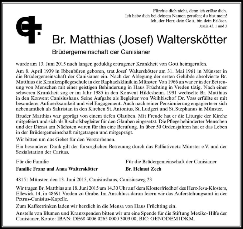  Traueranzeige für Br. Matthias (Josef) Walterskötter vom 17.06.2015 aus Westfälische Nachrichten