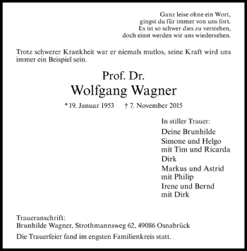 Anzeige von Wolfgang Wagner von Westfälische Nachrichten