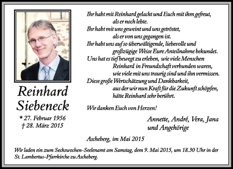  Traueranzeige für Reinhard Siebeneck vom 02.05.2015 aus Westfälische Nachrichten
