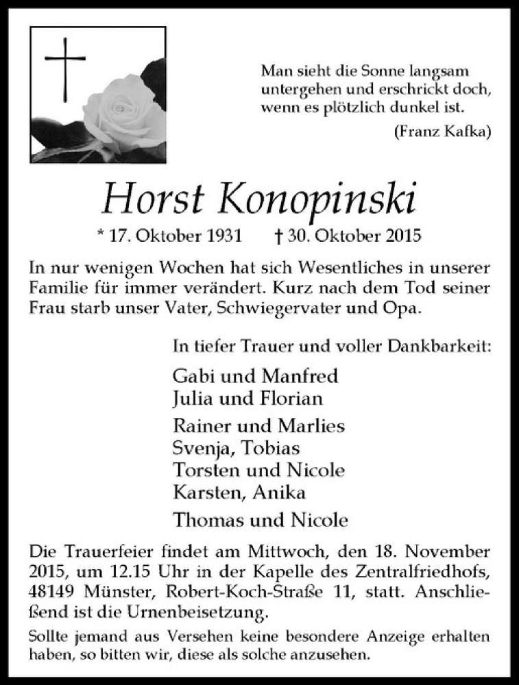  Traueranzeige für Horst Konopinski vom 07.11.2015 aus Westfälische Nachrichten