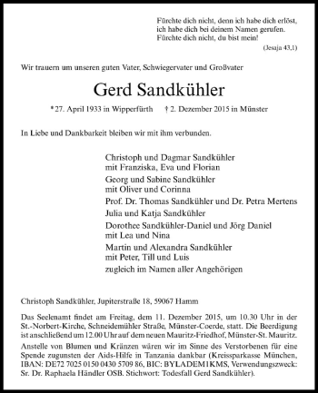 Anzeige von Gerd Sandkühler von Westfälische Nachrichten