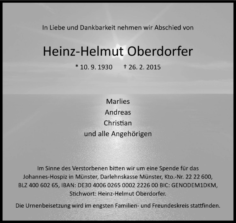  Traueranzeige für Heinz-Helmut Oberdorfer vom 02.03.2015 aus Westfälische Nachrichten