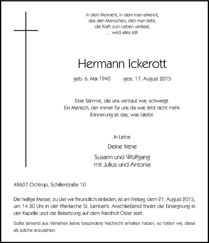  Traueranzeige für Hermann Ickerott vom 19.08.2015 aus Westfälische Nachrichten