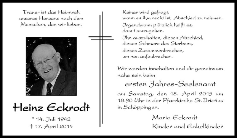  Traueranzeige für Heinz Eckrodt vom 15.04.2015 aus Westfälische Nachrichten