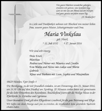 Anzeige von Maria Vinkelau von Westfälische Nachrichten