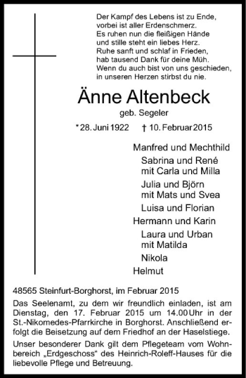 Anzeige von Änne Altenbeck von Westfälische Nachrichten