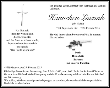 Anzeige von Hannchen Luizink von Westfälische Nachrichten