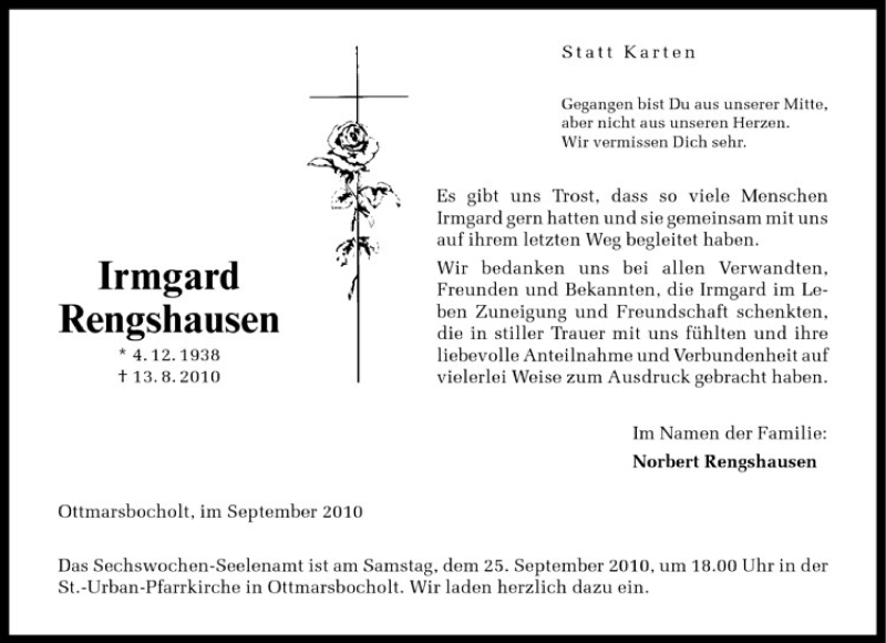  Traueranzeige für Norbert Rengshausen vom 18.09.2010 aus Westfälische Nachrichten