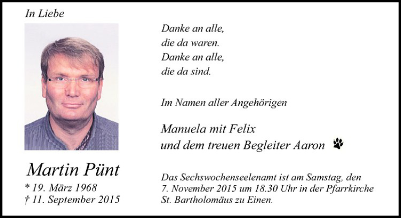  Traueranzeige für Martin Pünt vom 31.10.2015 aus Westfälische Nachrichten