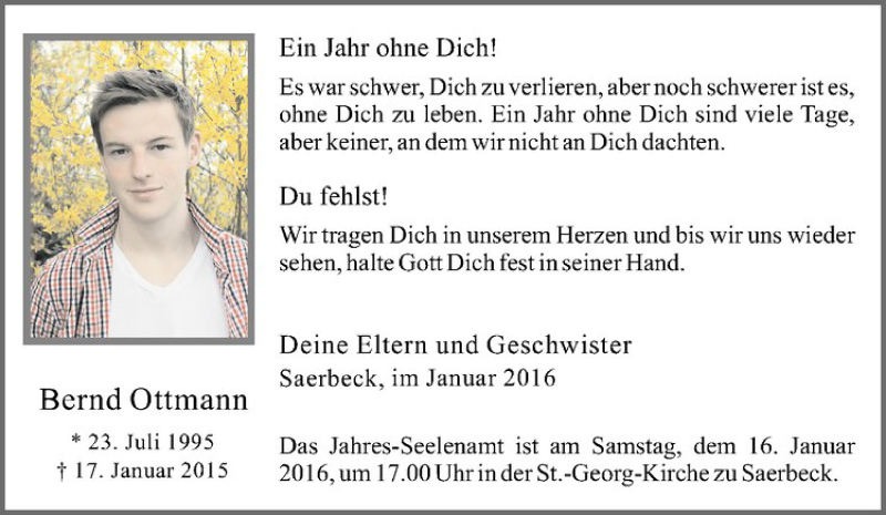  Traueranzeige für Bernd Ottmann vom 14.01.2016 aus Westfälische Nachrichten