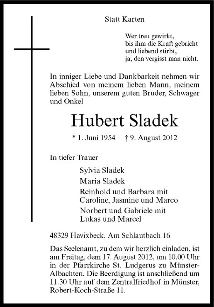  Traueranzeige für Hubert Sladek vom 13.08.2012 aus Westfälische Nachrichten