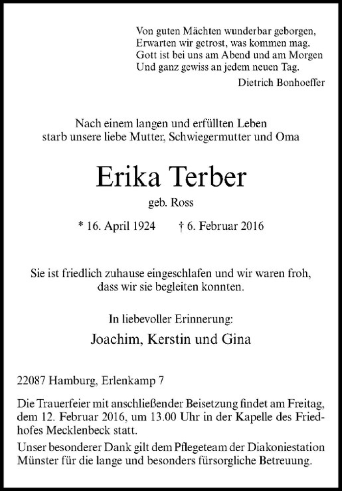  Traueranzeige für Erika Terber vom 10.02.2016 aus Westfälische Nachrichten