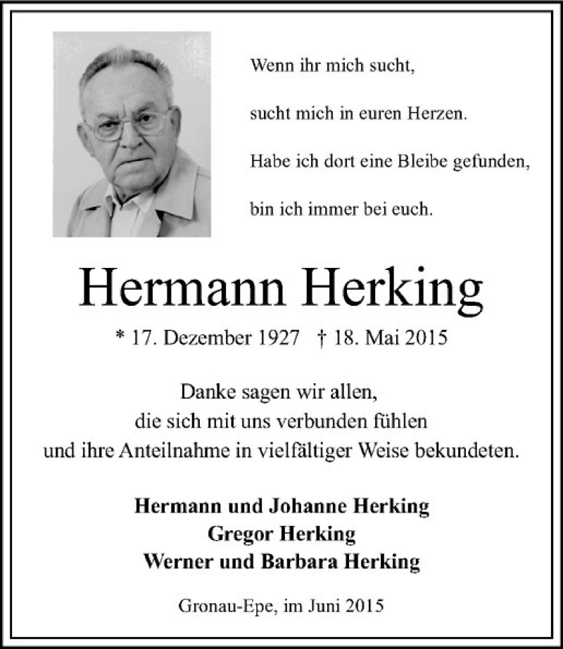  Traueranzeige für Hermann Herking vom 27.06.2015 aus Westfälische Nachrichten