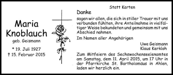 Anzeige von Maria Knoblauch von Westfälische Nachrichten
