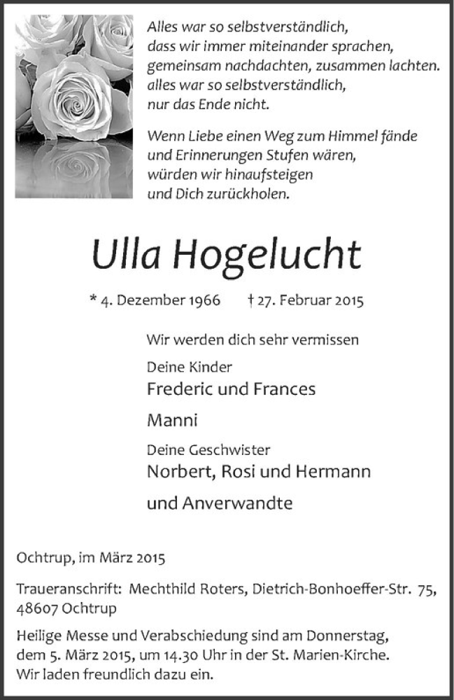  Traueranzeige für Ulla Hogelucht vom 03.03.2015 aus Westfälische Nachrichten