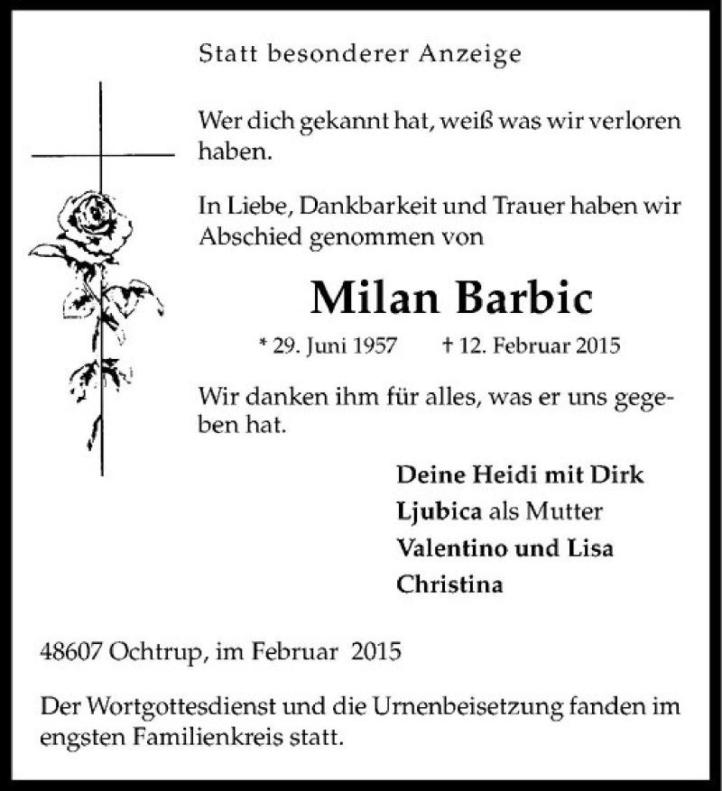  Traueranzeige für Milan Barbic vom 23.02.2015 aus Westfälische Nachrichten