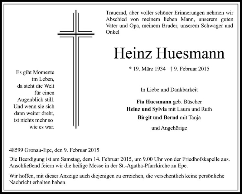  Traueranzeige für Heinz Huesmann vom 12.02.2015 aus Westfälische Nachrichten