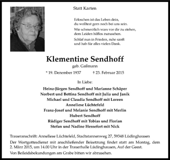 Anzeige von Klementine Sendhoff von Westfälische Nachrichten