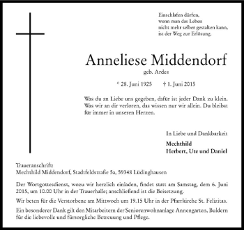 Anzeige von Anneliese Middendorf von Westfälische Nachrichten
