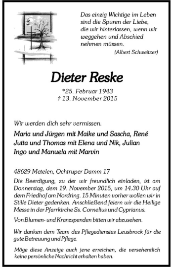 Anzeige von Dieter Reske von Westfälische Nachrichten