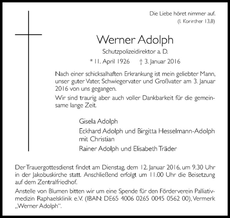  Traueranzeige für Werner Adolph vom 08.01.2016 aus Westfälische Nachrichten