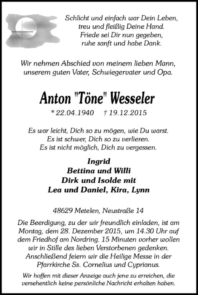  Traueranzeige für Anton Wesseler vom 23.12.2015 aus Westfälische Nachrichten