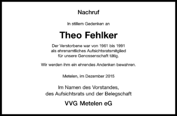 Anzeige von Theo Fehlker von Westfälische Nachrichten