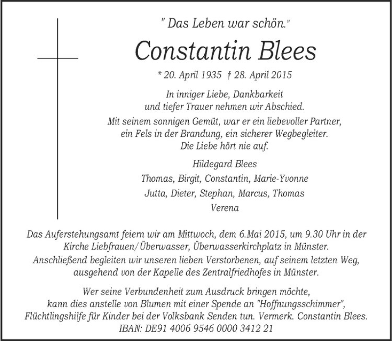  Traueranzeige für Constantin Blees vom 02.05.2015 aus Westfälische Nachrichten