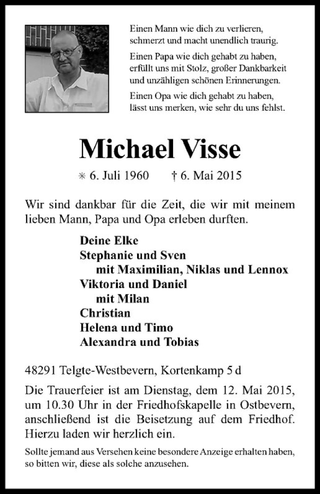  Traueranzeige für Michael Visse vom 11.05.2015 aus Westfälische Nachrichten