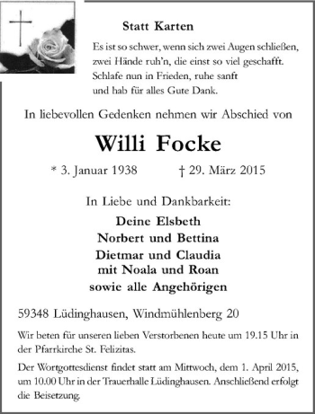 Anzeige von Willi Focke von Westfälische Nachrichten
