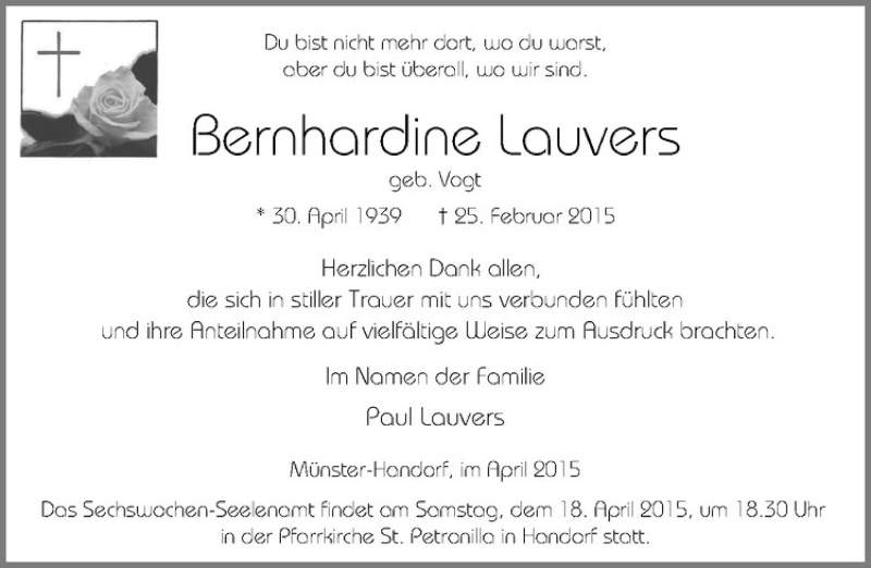  Traueranzeige für Bernhardine Lauvers vom 13.04.2015 aus Westfälische Nachrichten