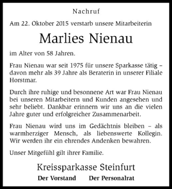 Anzeige von Marlies Nienau von Westfälische Nachrichten