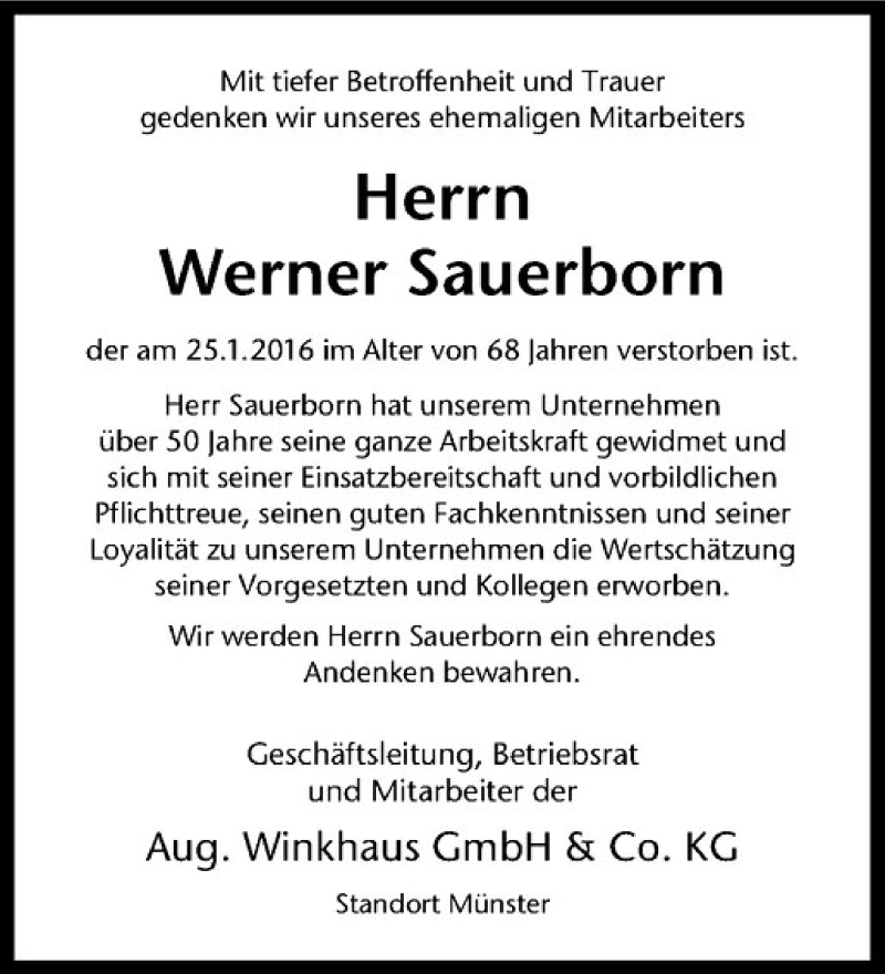  Traueranzeige für Werner Sauerborn vom 30.01.2016 aus Westfälische Nachrichten