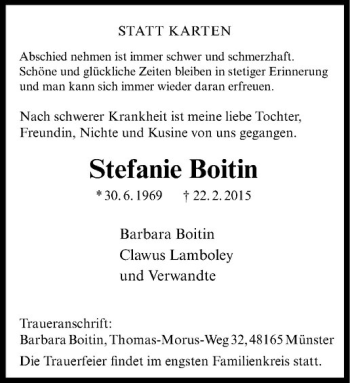 Anzeige von Stefanie Boitin von Westfälische Nachrichten
